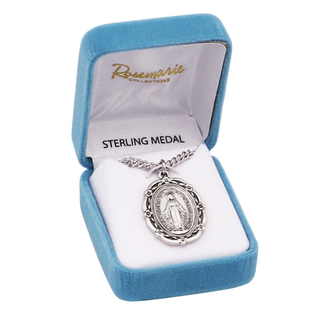 Rosemarie's Religious Gifts Women's Sterling Silver Large Flower Edged Miraculous Medal Pendant Necklace, 24"