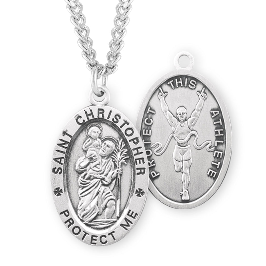 Rosemarie's Religious Gifts Men's Sterling Silver Saint Christopher Protect This Athlete Sports Medal Pendant Necklace Track, 24"