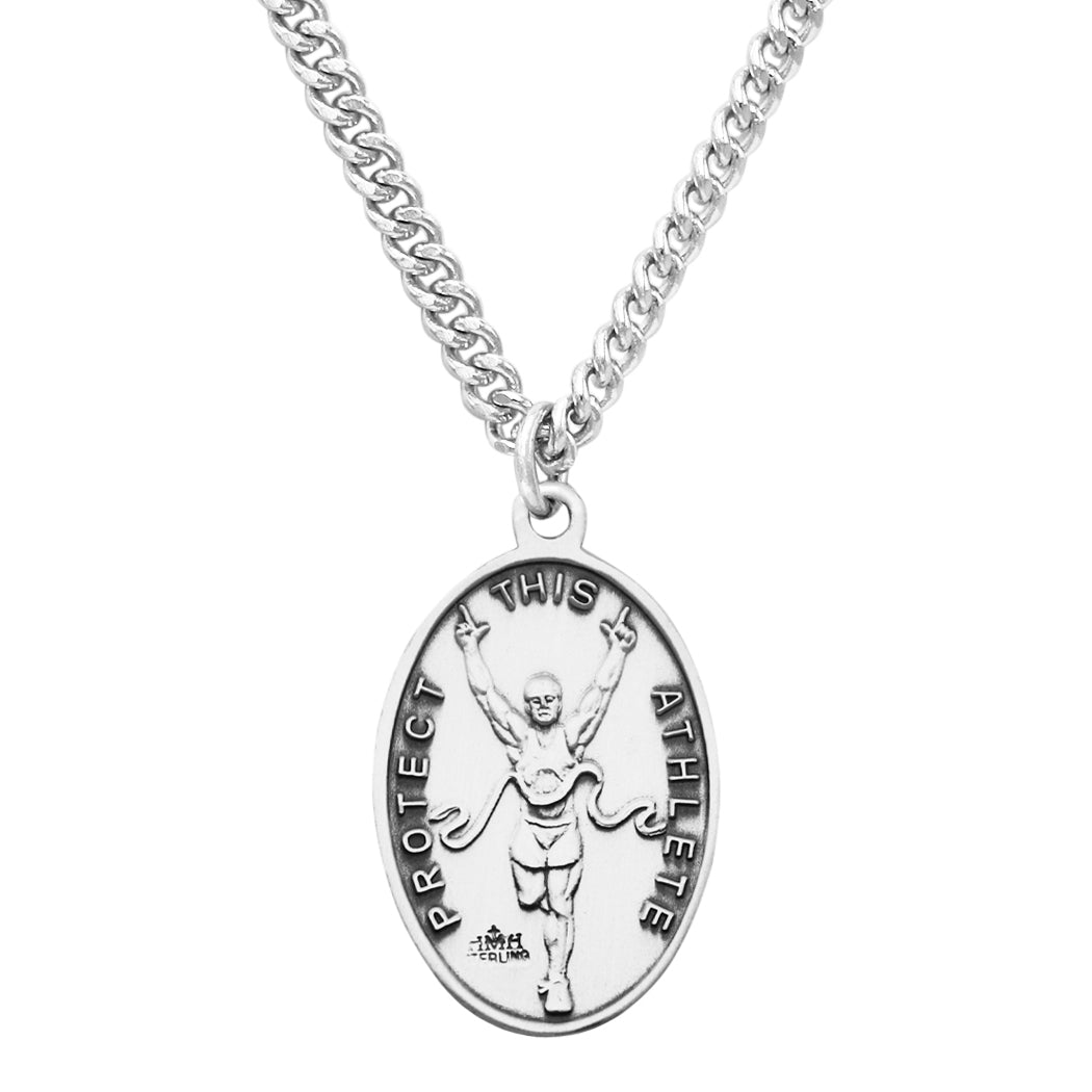 Rosemarie's Religious Gifts Men's Sterling Silver Saint Christopher Protect This Athlete Sports Medal Pendant Necklace Track, 24"