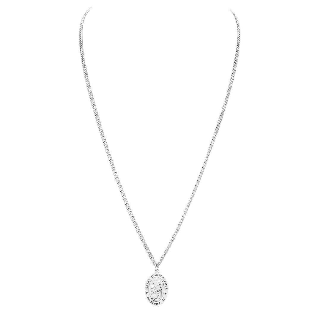 Rosemarie's Religious Gifts Men's Sterling Silver Saint Christopher Protect This Athlete Sports Medal Pendant Necklace Track, 24"