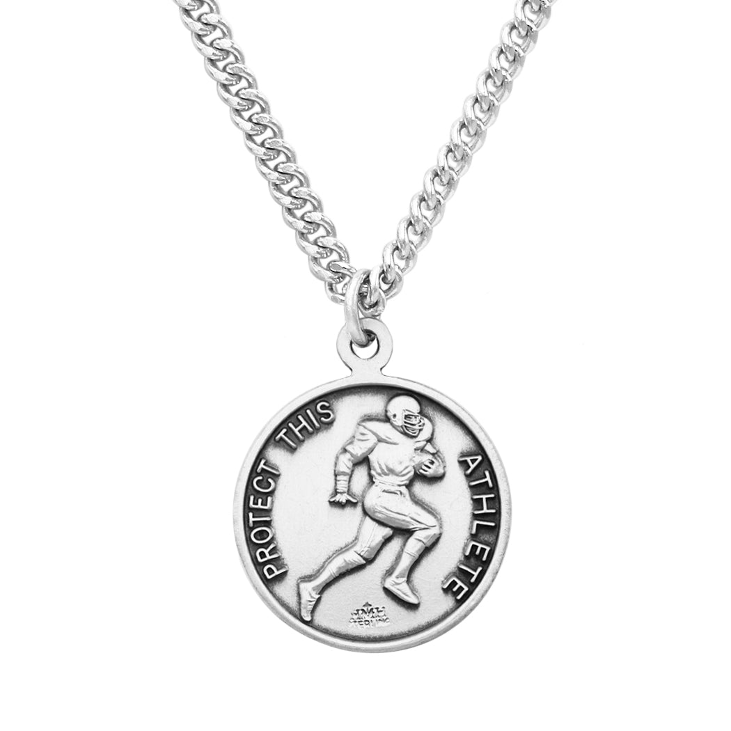 Rosemarie's Religious Gifts Men's Sterling Silver Saint Christopher Protect This Athlete Sports Medal Pendant Necklace Football, 24"