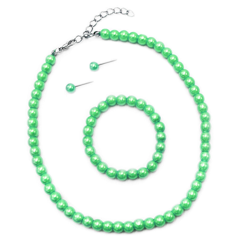 Rosemarie & Jubalee Girl's 6mm Glass Bead Simulated Pearl 3 Piece Necklace Bracelet Earrings Halloween Dress Up Jewelry Set, 12"-14" with 2" Extender (Green)