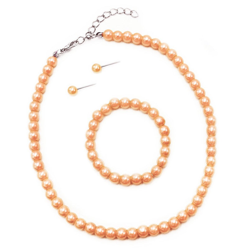 Girl's 6mm Glass Bead Simulated Pearl 3 Piece Necklace Bracelet Earrings Flower Girl Bridal Jewelry Set, 12"-14" and 2" extender (Peach)