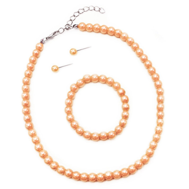 Girl's 6mm Glass Bead Simulated Pearl 3 Piece Necklace Bracelet Earrings Flower Girl Bridal Jewelry Set, 12"-14" and 2" extender (Peach)