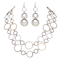 Three Tone Circle Extra Long Matching Necklace and Earring Statement Jewelry Gift Set 48" with 3" Extender