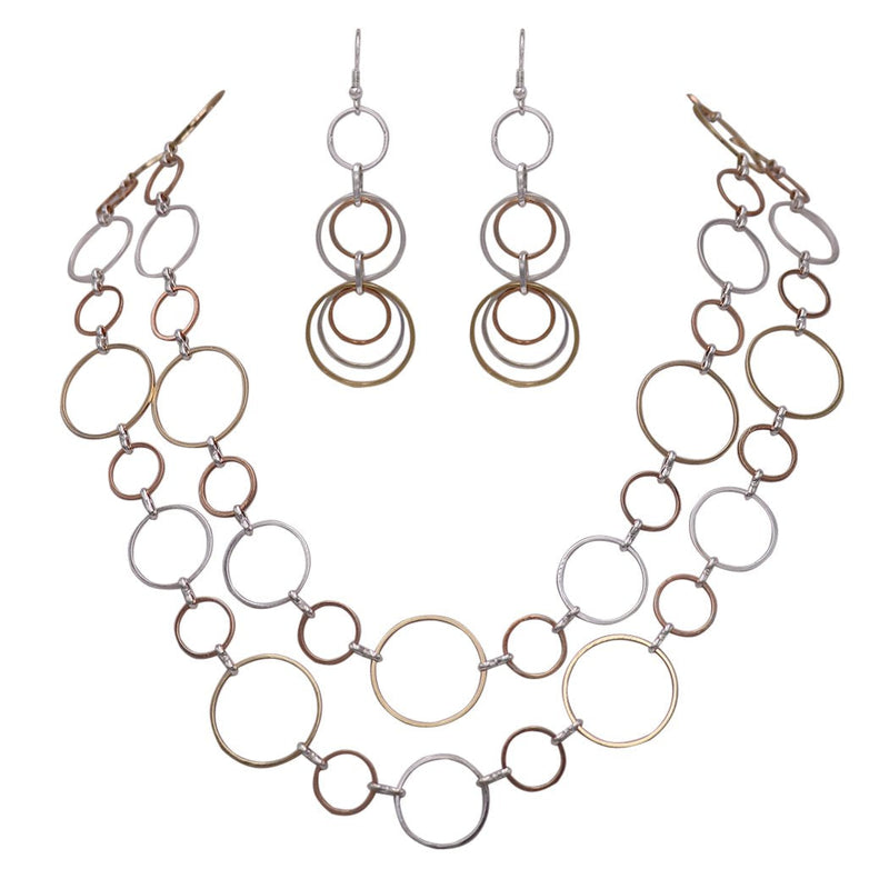 Three Tone Circle Extra Long Matching Necklace and Earring Statement Jewelry Gift Set 48" with 3" Extender