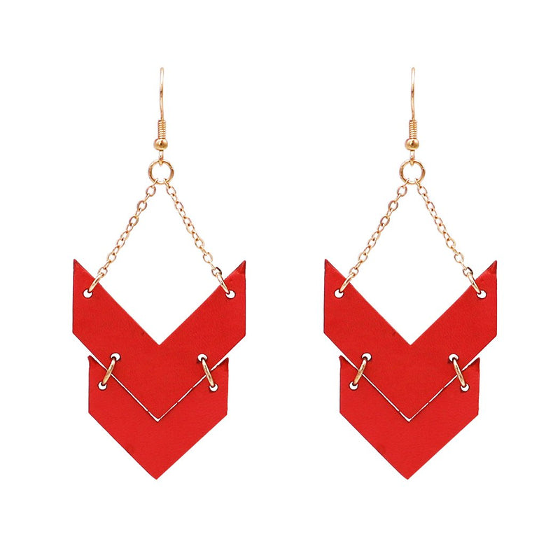 Coral Leather Double Chevron Drop Dangle Statement Earrings