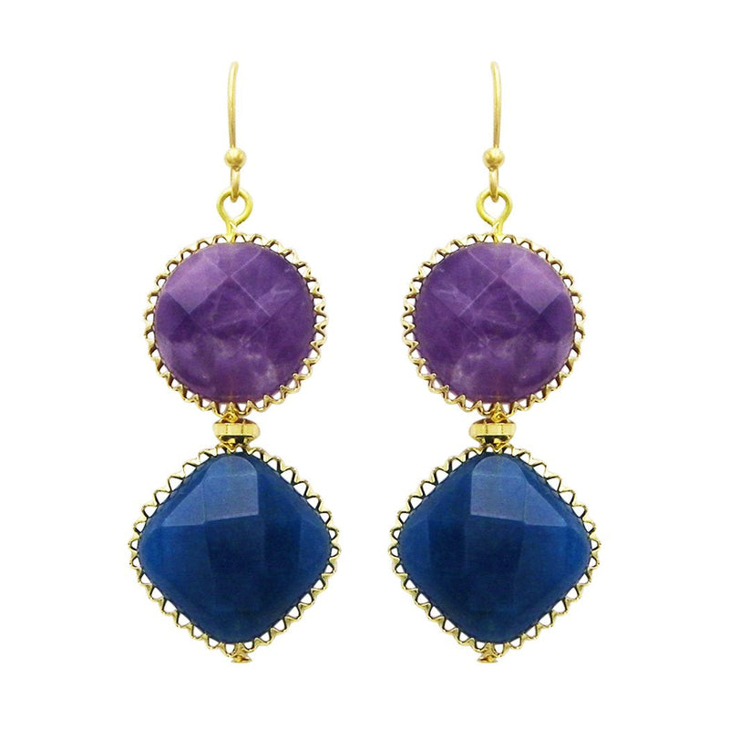 Natural Stone Double Drop Fashion Earrings (Teal and Purple)