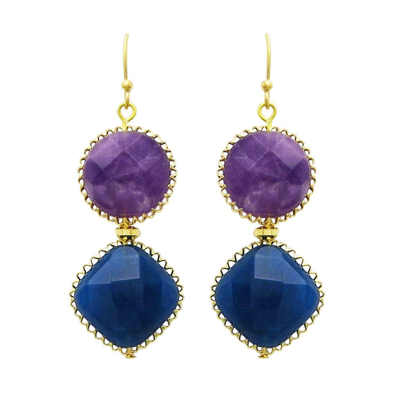 Natural Stone Double Drop Fashion Earrings (Teal and Purple)