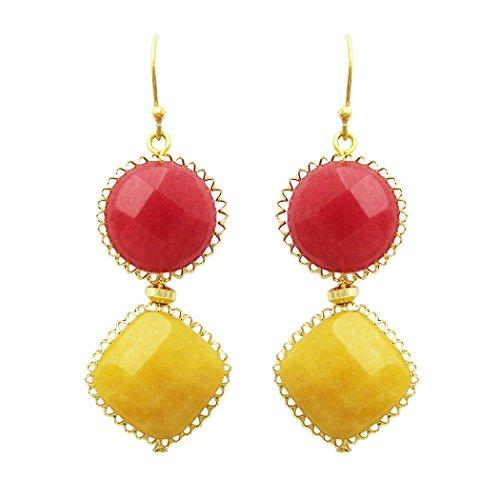Natural Stone Double Drop Fashion Earrings (Red and Yellow)