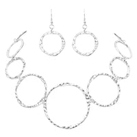 Sleek And Stunning Polished Silver Tone Hammered Circle Links Toggle Clasp Necklace Earrings Set, 18"