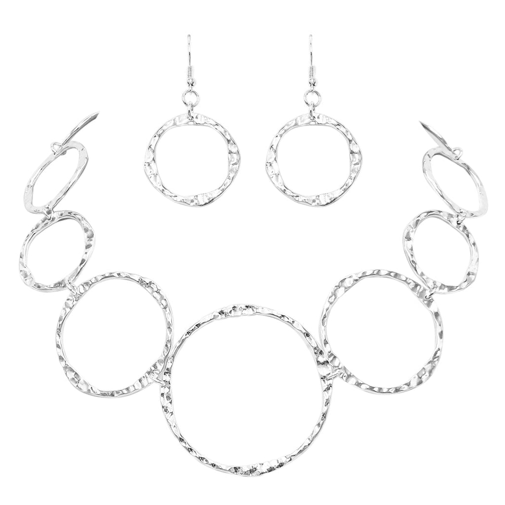 Sleek And Stunning Polished Silver Tone Hammered Circle Links Toggle Clasp Necklace Earrings Set, 18"