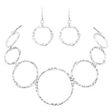 Sleek And Stunning Polished Silver Tone Hammered Circle Links Toggle Clasp Necklace Earrings Set, 18