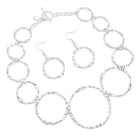 Sleek And Stunning Polished Silver Tone Hammered Circle Links Toggle Clasp Necklace Earrings Set, 18"