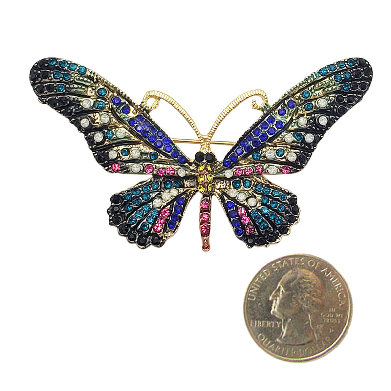 Stunning Gold Tone Colorful Crystal Pave Butterfly Brooch Pin, 3" (Green Black Blue Pink)