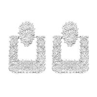 Statement Chunky Nugget Metal Door Knocker Style Clip On Hoop Earrings, 2.5" (Square Hoop 1.87", Silver Tone)