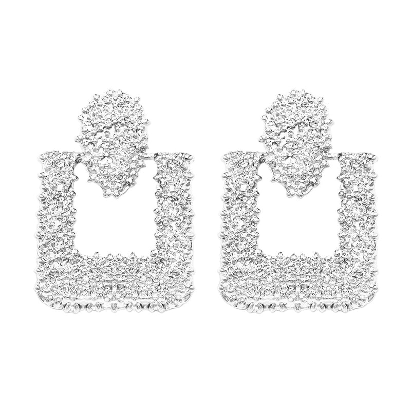 Statement Chunky Nugget Metal Door Knocker Style Clip On Hoop Earrings, 2.5" (Square Hoop 1.87", Silver Tone)