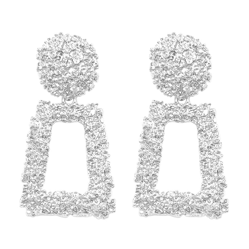 Statement Chunky Nugget Metal Door Knocker Style Clip On Hoop Earrings, 2.5" (Trapezoid Hoop 2.75", Silver Tone)