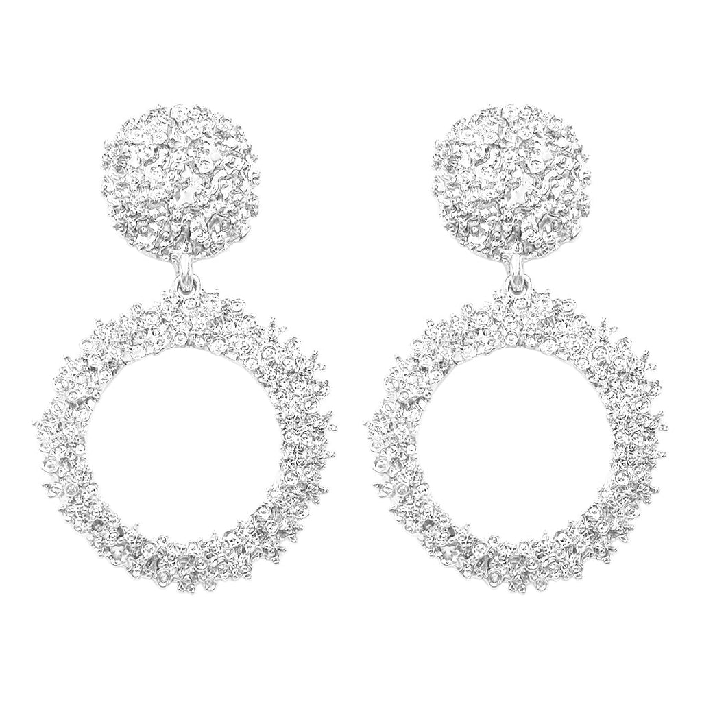 Statement Chunky Nugget Metal Door Knocker Style Clip On Hoop Earrings, 2.5" (Round Hoop 2.75", Silver Tone)