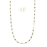 Stunning Crystal Link with Inspirational Religious Sideways Cross Necklace and Earrings Set, 36"-39" with 3" Extender (Black and White Crystal Gold Tone)