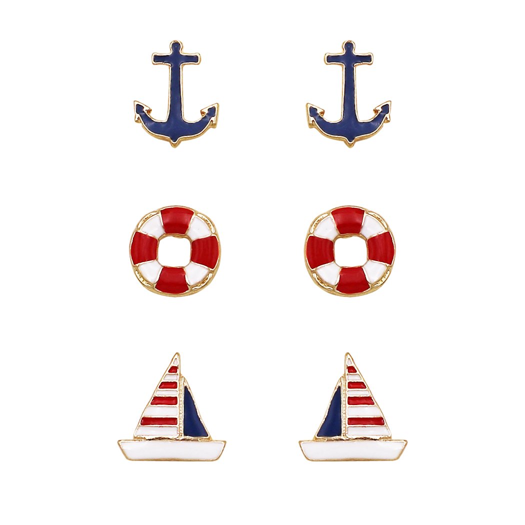 Red White and Blue Enamel Nautical Stud Earrings Set of 3