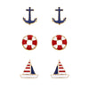 Ships Ahoy Nautical Stud Enamel Earrings Set of 3, Red White And Blue Anchor Lifesaver Sailboat