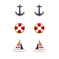 Ships Ahoy Nautical Stud Enamel Earrings Set of 3, Red White And Blue Anchor Lifesaver Sailboat