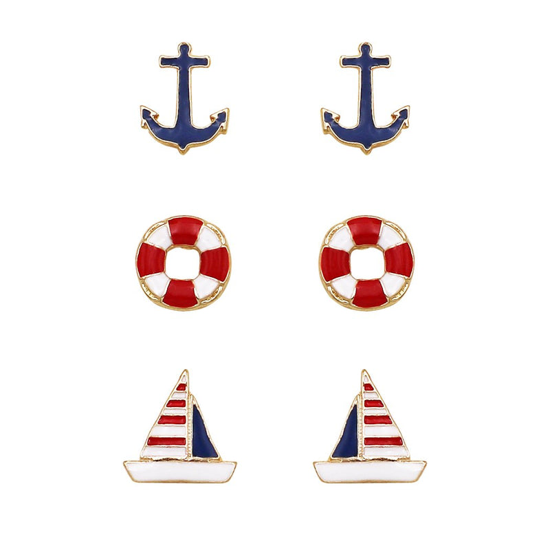 Ships Ahoy Nautical Stud Enamel Earrings Set of 3, Red White And Blue Anchor Lifesaver Sailboat