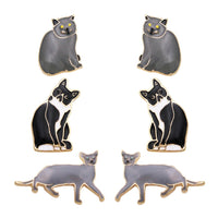 Pawsome Set of 3 Enameled Kitty Cat Stud Earrings (Greys Black and White)