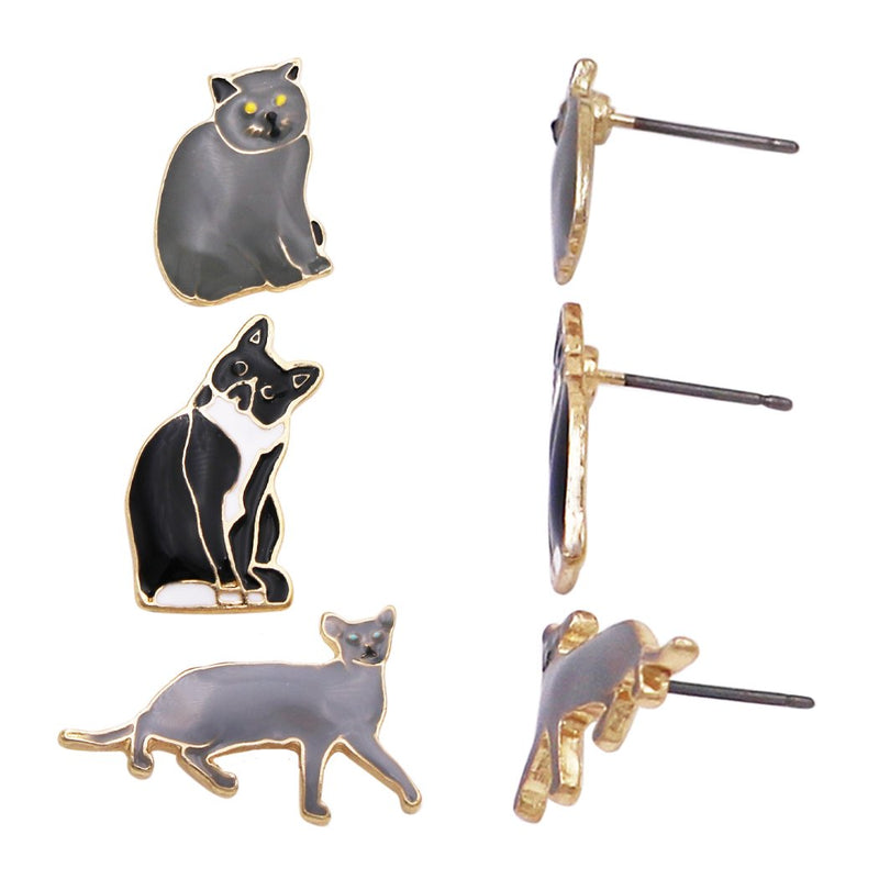 Pawsome Set of 3 Enameled Kitty Cat Stud Earrings (Greys Black and White)