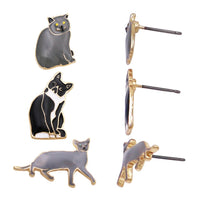 Pawsome Set of 3 Enameled Kitty Cat Stud Earrings (Greys Black and White)