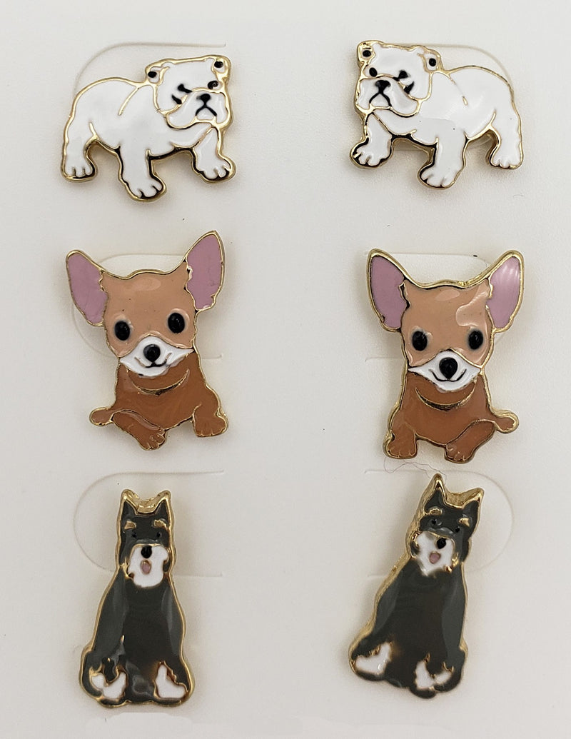 Set of 3 Pairs PAWsome Fashion Stud Earrings Pretty Puppy Dogs (Bulldog, Chihuahua, Schnauzer)