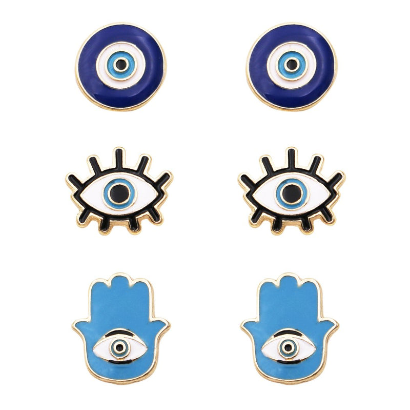 Set of 3 Enamel Coated Protective Talisman Evil Eye Hamsa Post Back Stud Earrings