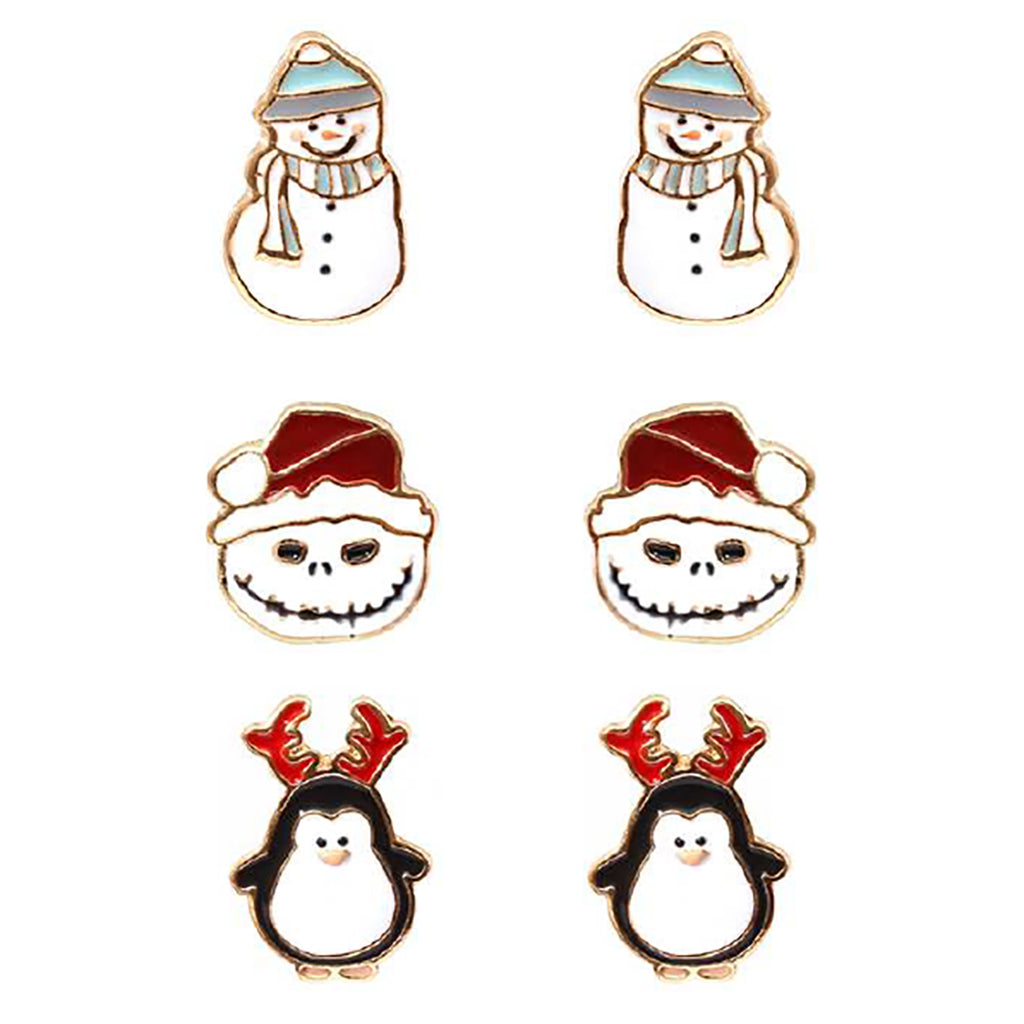 Holiday Christmas 3 Pairs Stud Earrings Snowman Penguin Jack Frost