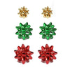 Unique Holiday Christmas Birthday Celebration Bow Stud Earrings (Set Of 3 Red Green Gold)