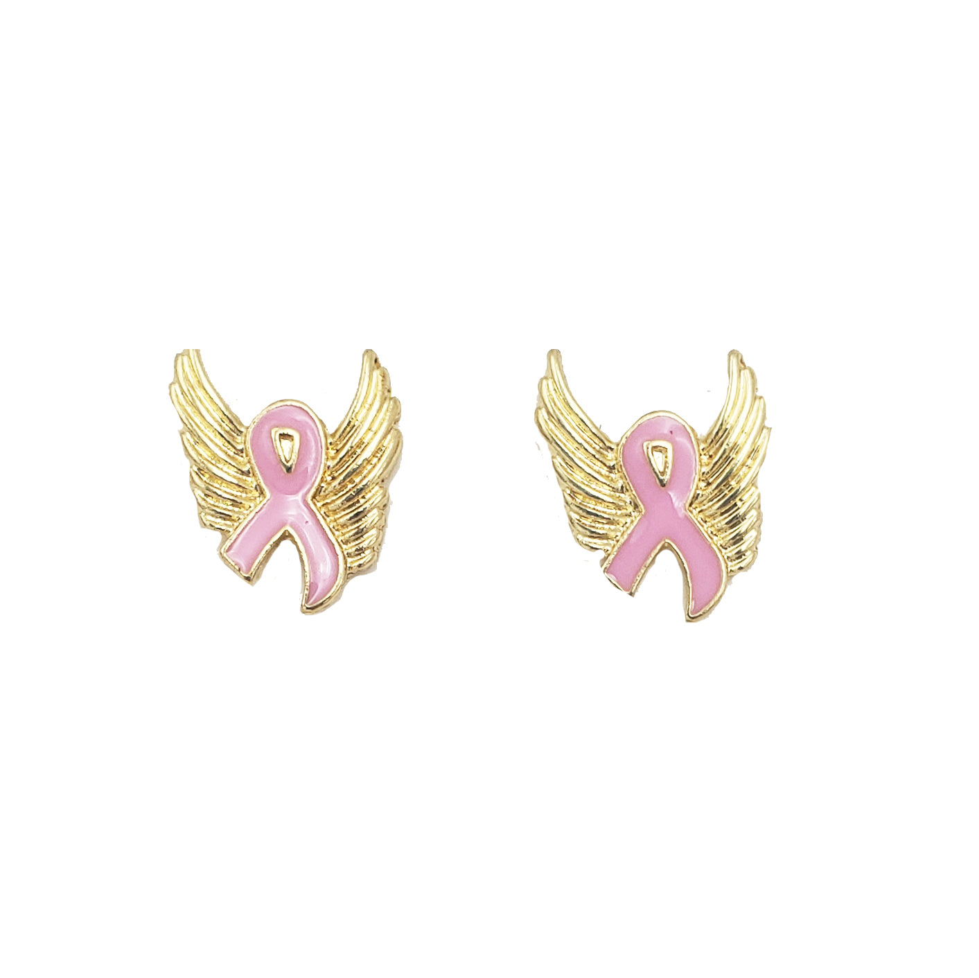 Fun Enamel Coated Pink Ribbon Breast Cancer Awareness Stud Earrings Gift Set Of 3 (Angle Wings Bra Rainbow Gold Tone)
