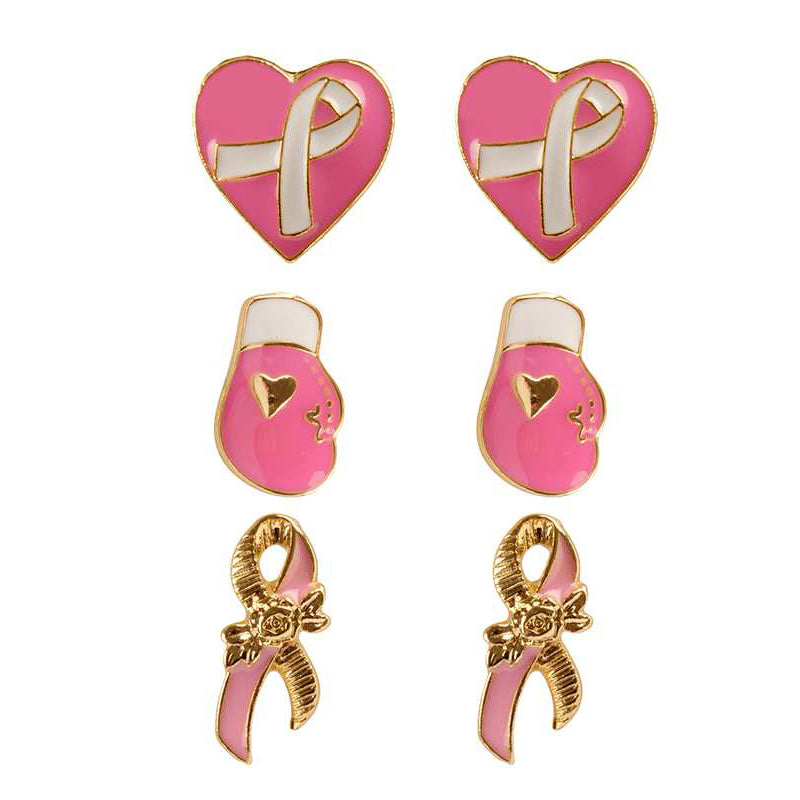 Fun Enamel Coated Pink Ribbon Breast Cancer Awareness Stud Earrings Gift Set Of 3 (Heart Boxing Gloves Ribbon Gold Tone)