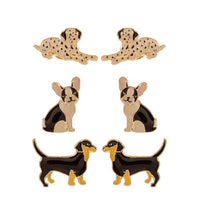 Set of 3 Pairs PAWsome Fashion Stud Earrings Pretty Puppy Dogs (Dachshund, Dalmatian, French Bulldog)