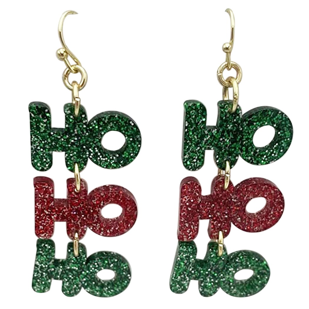 Festive Green And Red Glitter "Ho Ho Ho" Christmas Holiday Gold Tone Dangle Earrings, 2.5"