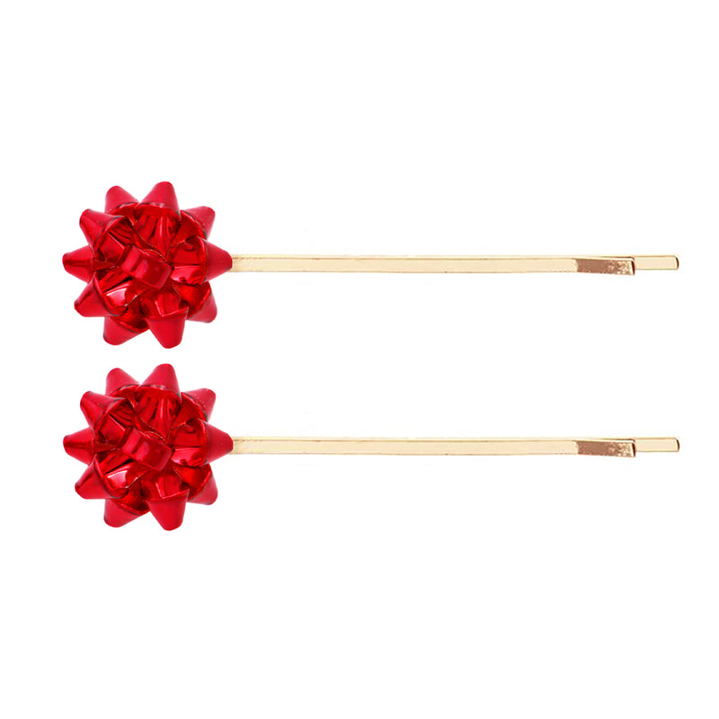 Set of 2 Holiday Birthday Celebration Bow Bobby Pins Barrette Clip Hair Accessories, 3" (Red)