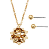 Gold Tone Holiday Christmas Celebration Bow Charm Pendant Necklace and Earrings Set