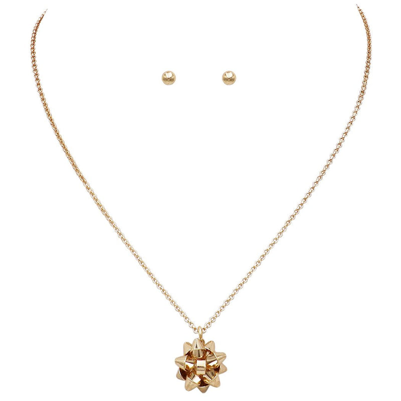 Gold Tone Holiday Christmas Celebration Bow Charm Pendant Necklace and Earrings Set