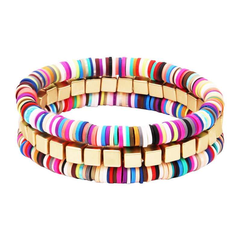 Whimsical Colorful Rainbow Rubber Rings Chunky Nugget Stacking Statement Stretch Bracelet Set of 3, 2.5"