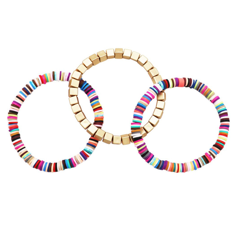 Whimsical Colorful Rainbow Rubber Rings Chunky Nugget Stacking Statement Stretch Bracelet Set of 3, 2.5"