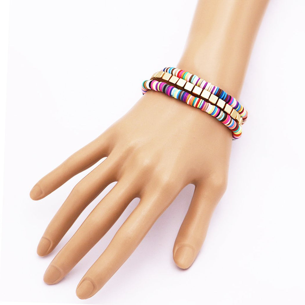 Whimsical Colorful Rainbow Rubber Rings Chunky Nugget Stacking Statement Stretch Bracelet Set of 3, 2.5"