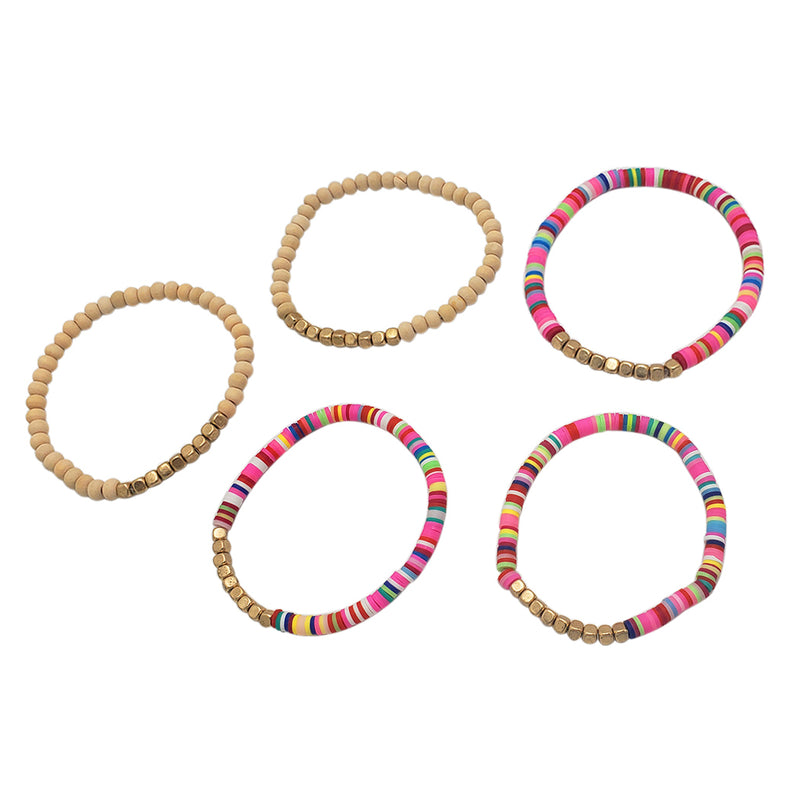 Chic Set Of 5 Stacking Metal Nugget Bead Stretch Bracelets, 2.5" (Wood And syntheticStrand With Gold Nuggets)
