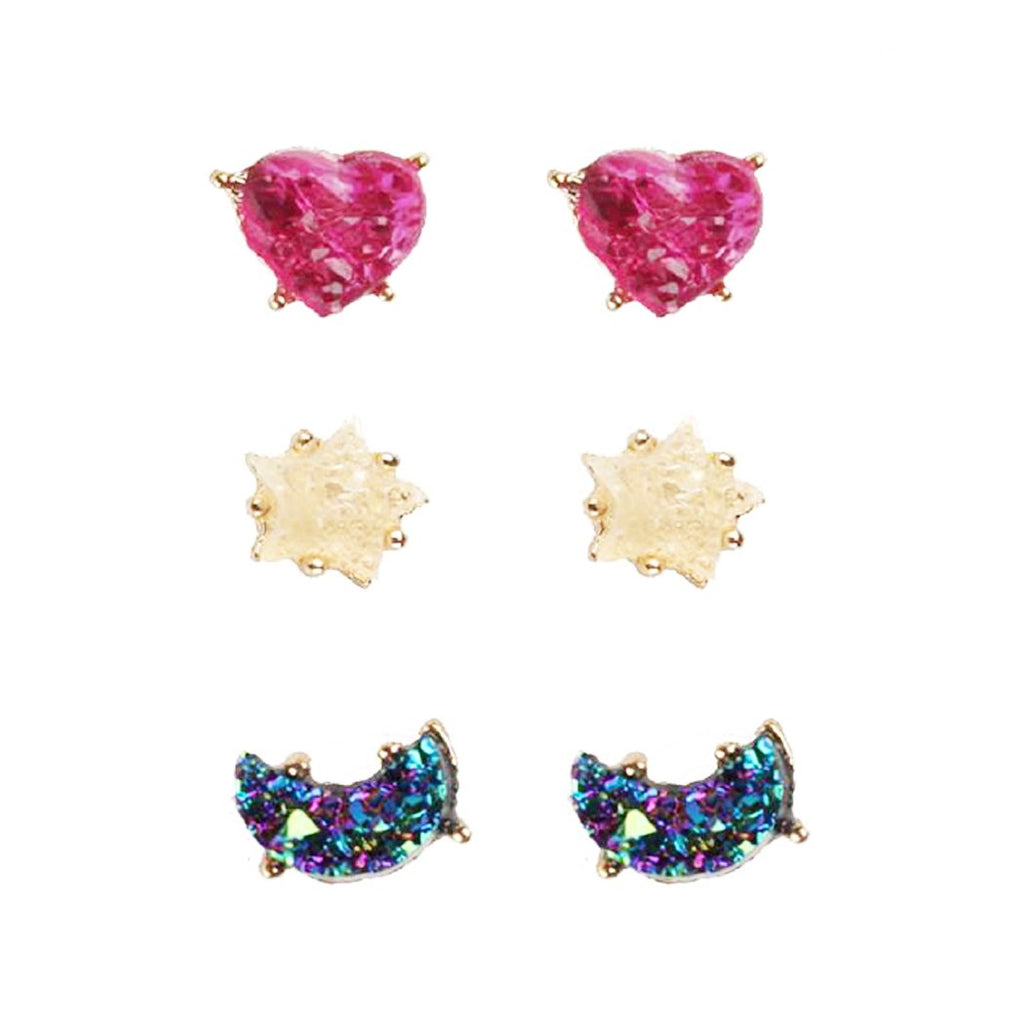 Gold Tone Faux Druzy Crystal Nugget Heart Star Moon Stud Earrings Set of 3, 5mm