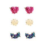 Gold Tone Faux Druzy Crystal Nugget Heart Star Moon Stud Earrings Set of 3, 5mm