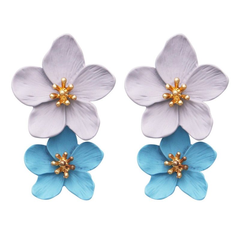Double Metal Grey and Light Blue Flower Statement Dangle Drop Post Earrings