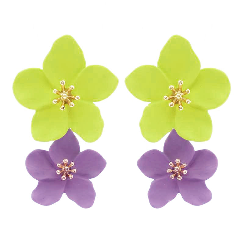 Double Metal Flower Dangle Drop Post Earrings, 1.5" (Neon Green/Purple)